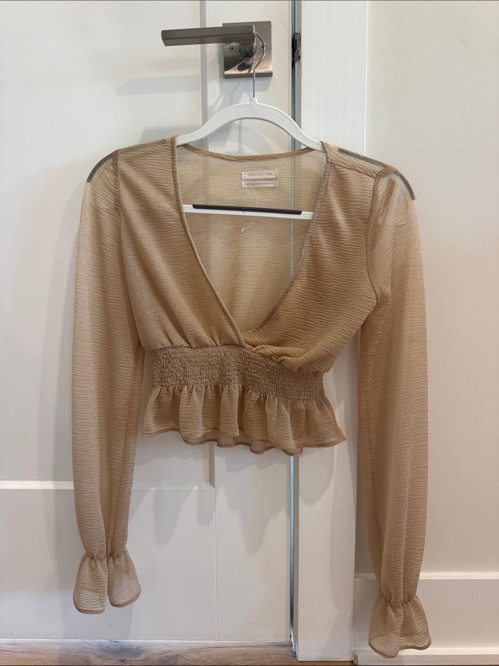 Urban Outfitters Sheer Waist Peplum V-Neck Top - Tan